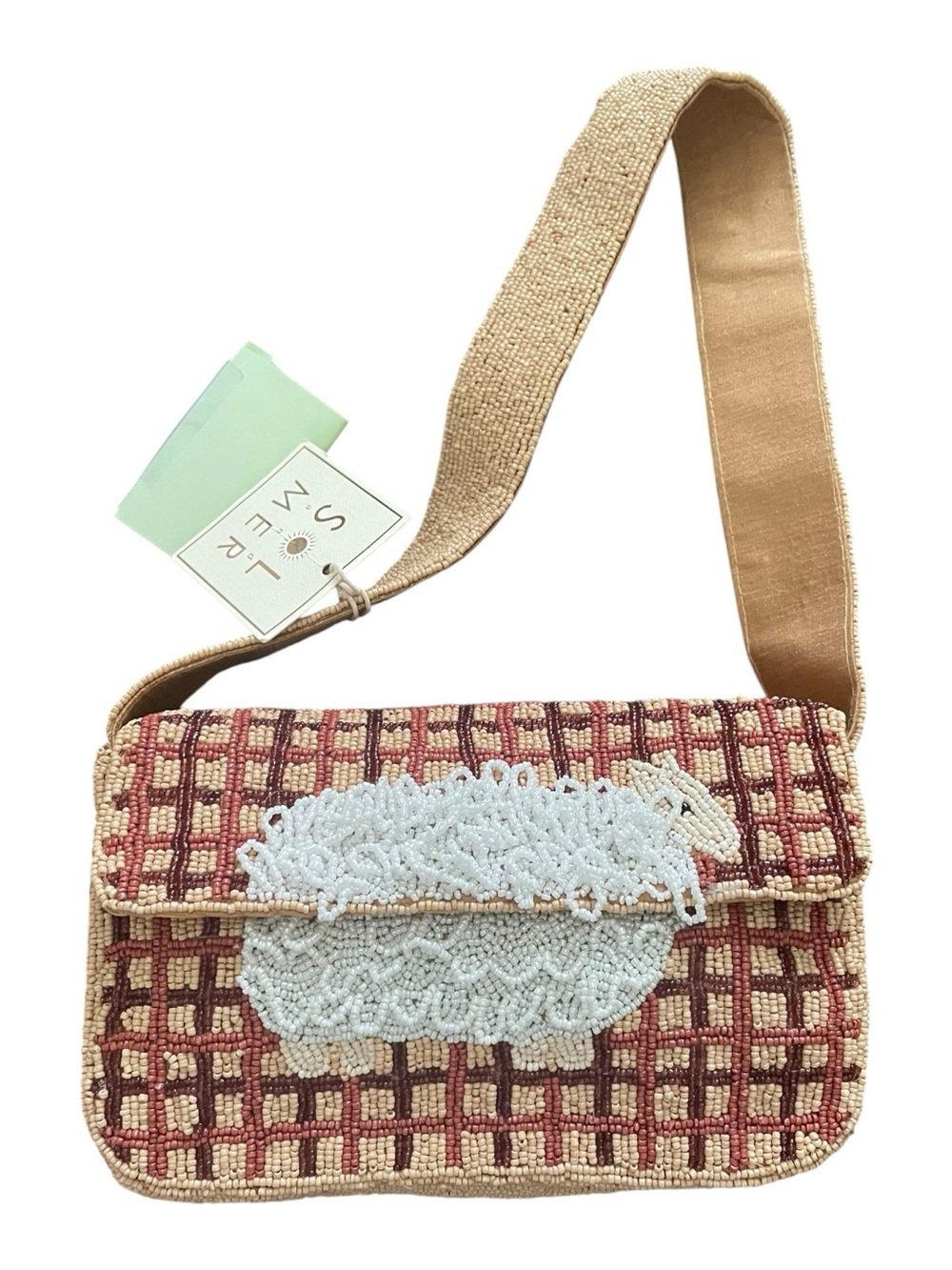 Sol and Mer Hand Beaded Shoulder Bag Lamb Motif Tan & Burgundy